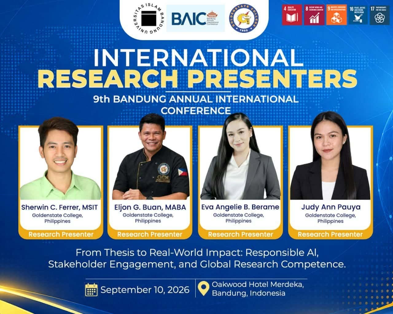 𝐆𝐨𝐥𝐝𝐞𝐧𝐬𝐭𝐚𝐭𝐞 𝐂𝐨𝐥𝐥𝐞𝐠𝐞 𝐟𝐚𝐜𝐮𝐥𝐭𝐲 𝐚𝐧𝐝 𝐬𝐭𝐮𝐝𝐞𝐧𝐭𝐬 𝐬𝐡𝐨𝐰𝐜𝐚𝐬𝐞 𝐑𝐞𝐬𝐞𝐚𝐫𝐜𝐡 𝐚𝐭 9𝐭𝐡 𝐁𝐀𝐈𝐂 2026 𝐢𝐧 𝐁𝐚𝐧𝐝𝐮𝐧𝐠, 𝐈𝐧𝐝𝐨𝐧𝐞𝐬𝐢𝐚 